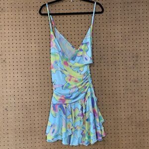 Urban Outfitters Silence & Noise Alex Blue Blur Print Ruffle Rave Mini Dress LG
